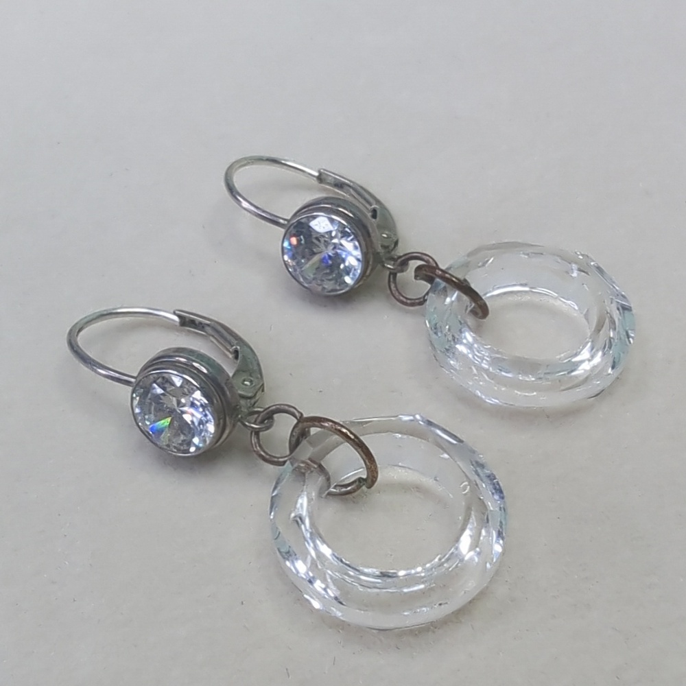 Vintage CZ 925 Sterling Silver Round Faceted Glass Drop/Dangle Earrings